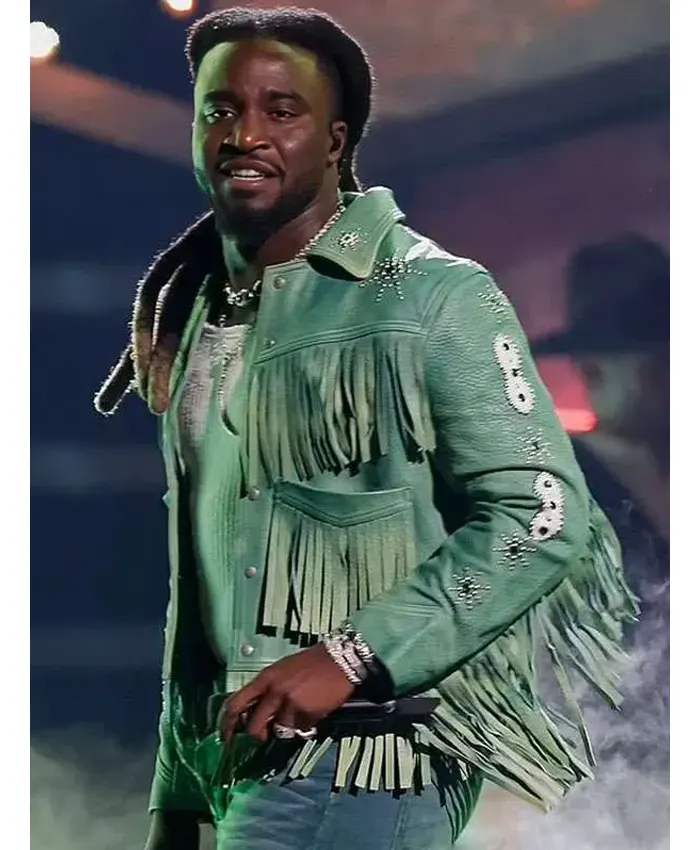 58th Annual CMA Awards 2026 American Singer Shaboozey Green Leather Fringe Jacket Left