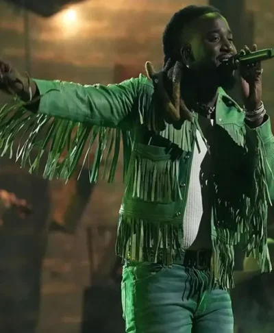 58th Annual CMA Awards 2026 American Singer Shaboozey Green Leather Fringe Jacket Right