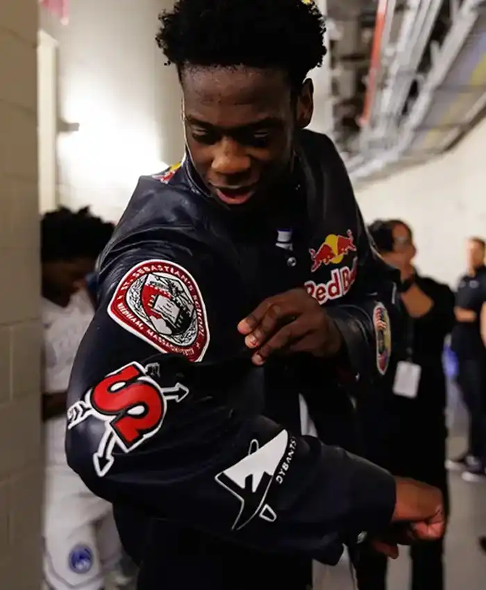 AJ Dybantsa Red Bull x Jeff Hamilton Black Leather Jacket For Sale