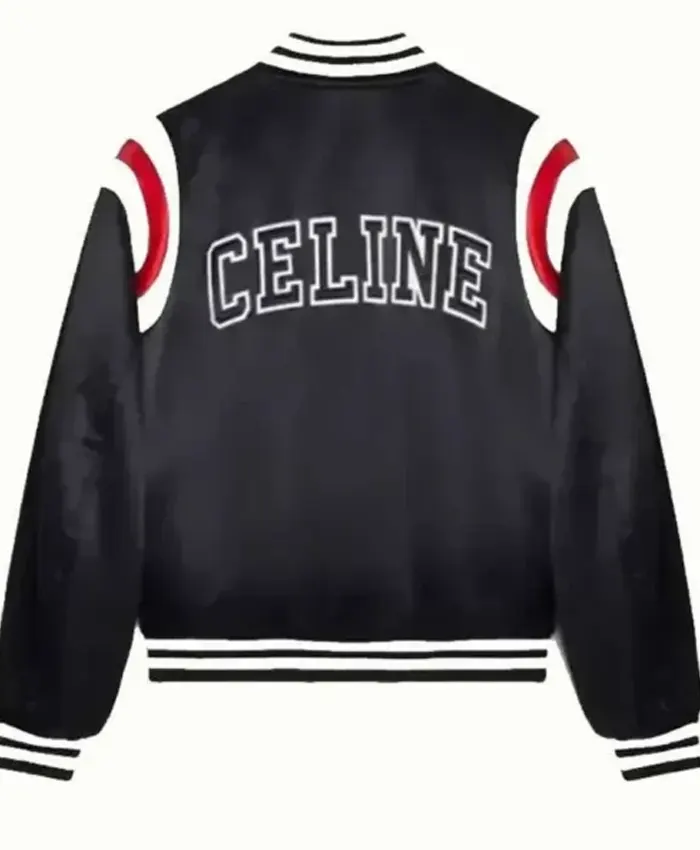 BTS Kim Tae Hyung Celine Black Satin Varsity Bomber Jacket Back