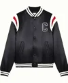 BTS Kim Tae Hyung Celine Black Satin Varsity Bomber Jacket Front