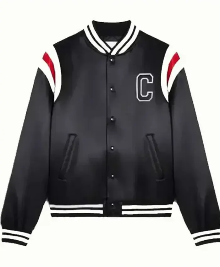 BTS Kim Tae Hyung Celine Black Satin Varsity Bomber Jacket Front