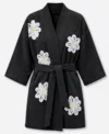 Black Falling Daisies Floral Chenille Kimono Bathrobe