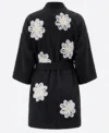 Black Falling Daisies Floral Chenille Kimono Bathrobe back