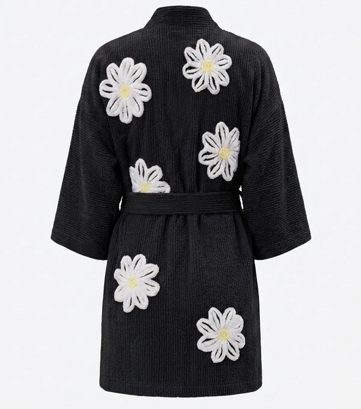 Black Falling Daisies Floral Chenille Kimono Bathrobe back