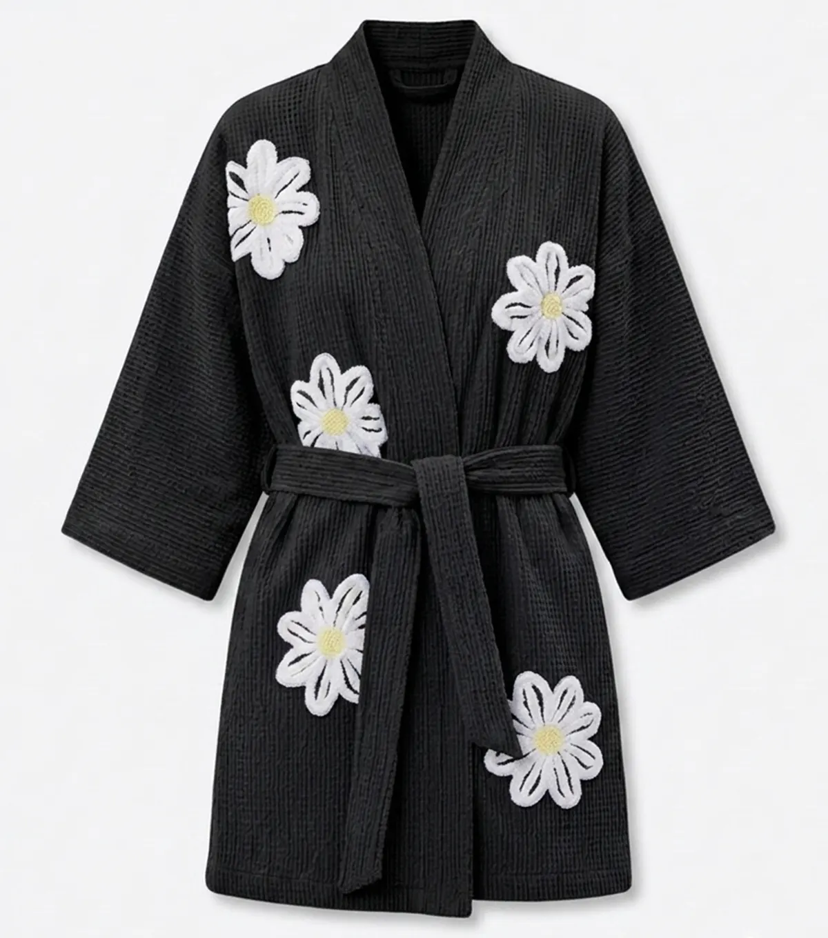 Black Falling Daisies Floral Chenille Kimono Bathrobe