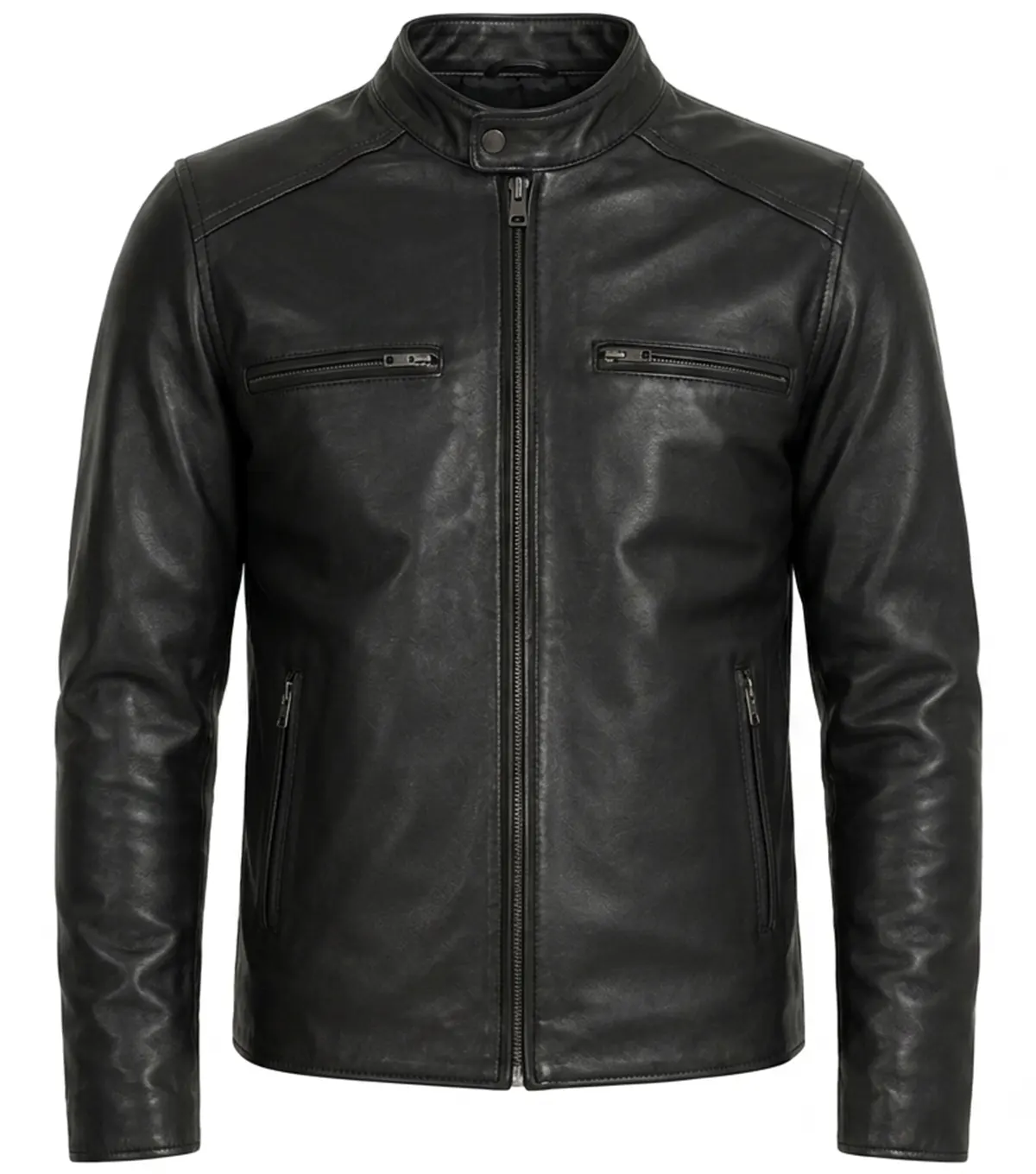 Black Full Grain Leather Biker Jacket for Athletic Build