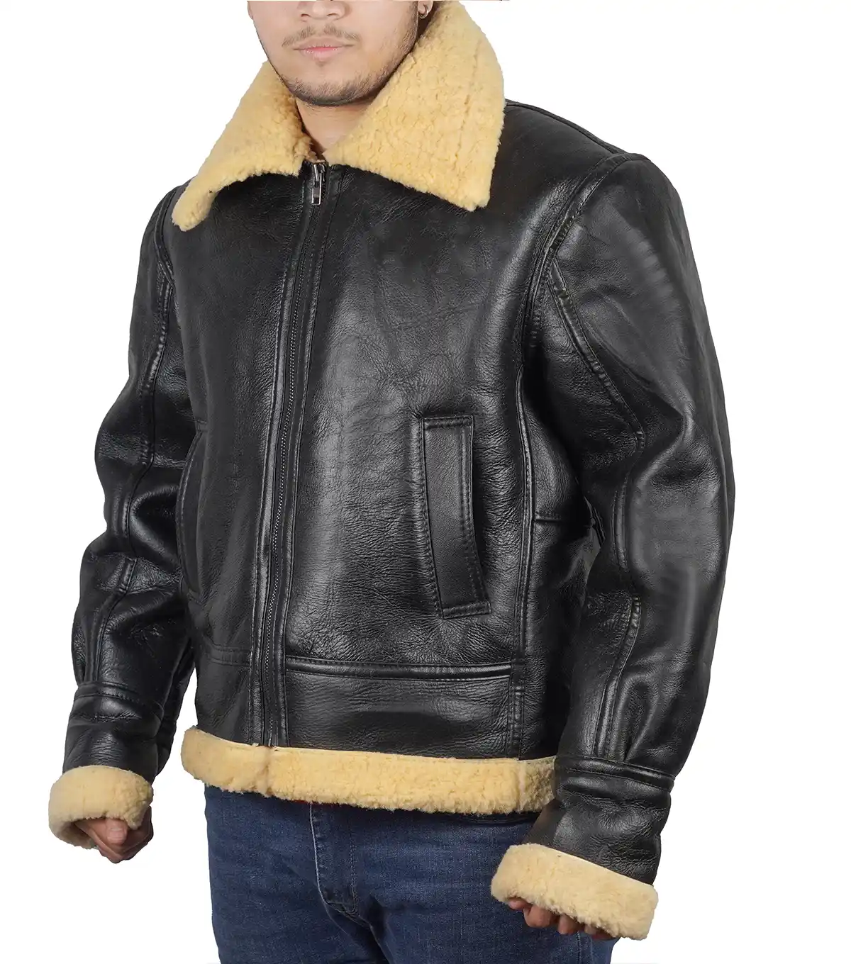 Black Men’s Aviator Leather Jacket with Thick Lining