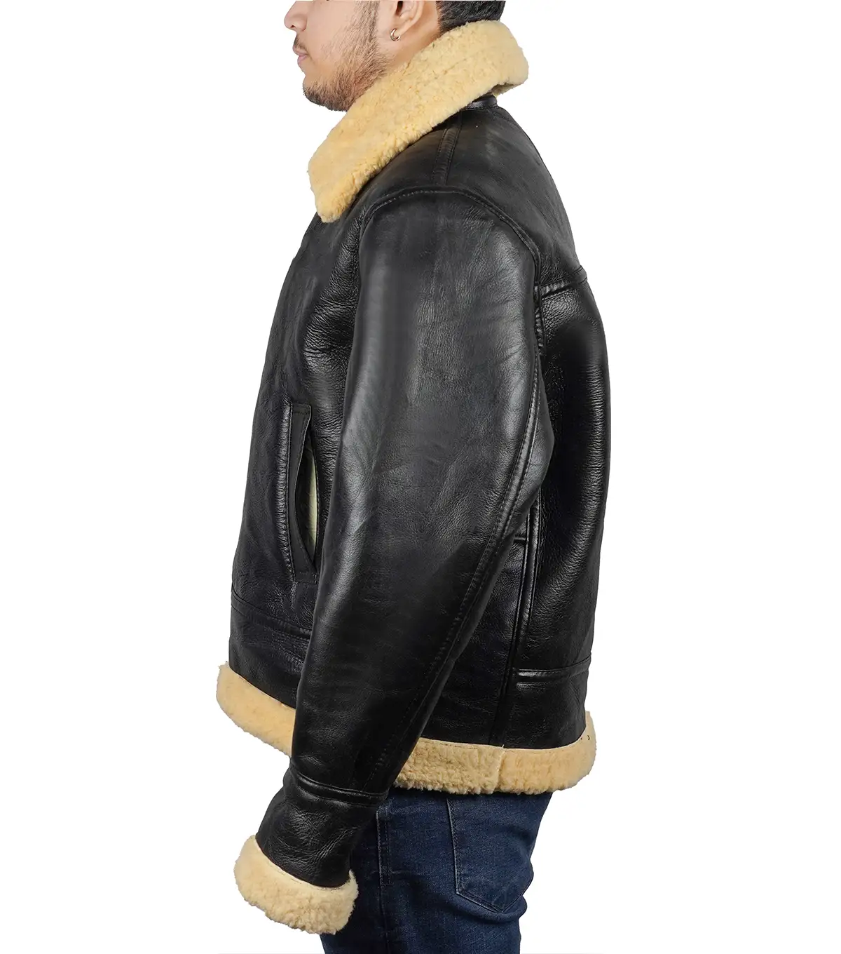 Black Men’s Shearling Leather Jacket with Thick Lining