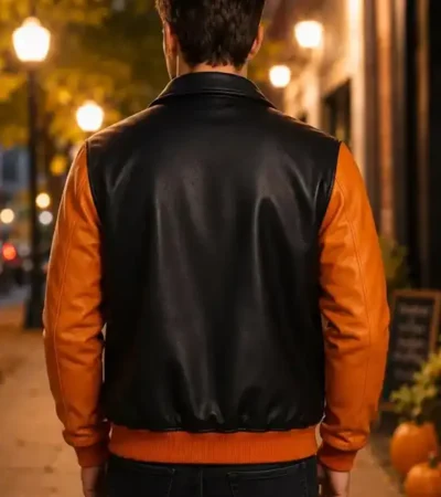Black and Orange Halloween Embroidery pumpkin Patch Leather Bomber Jacket For Sale