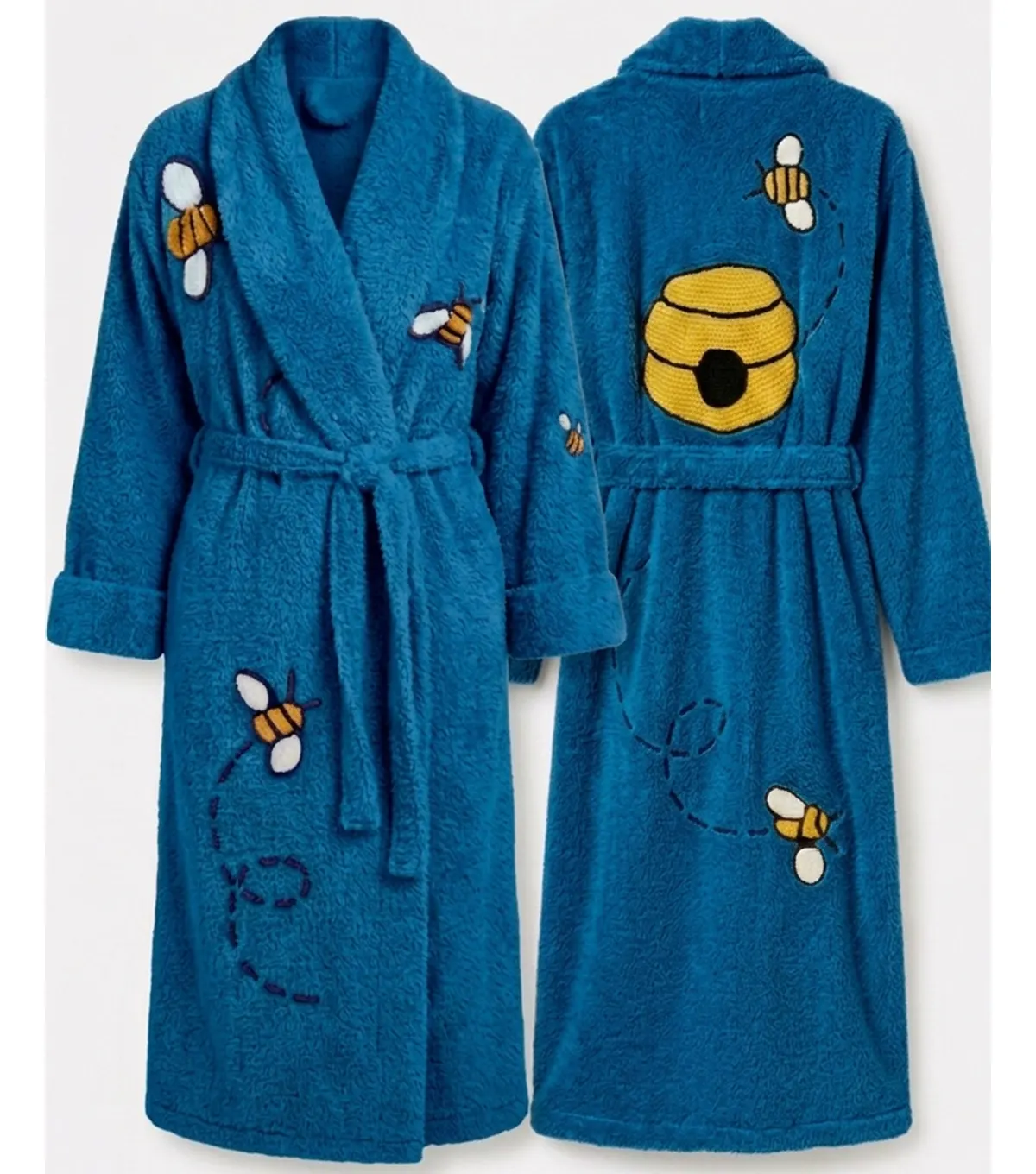 Blue Bee and Beehive Chenille Bathrobe