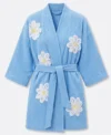 Blue Falling Daisies Floral Chenille Kimono Bathrobe