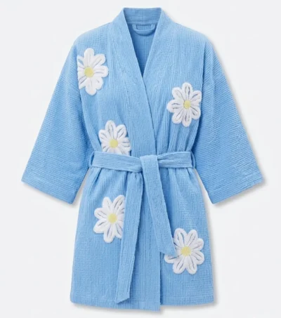 Blue Falling Daisies Floral Chenille Kimono Bathrobe