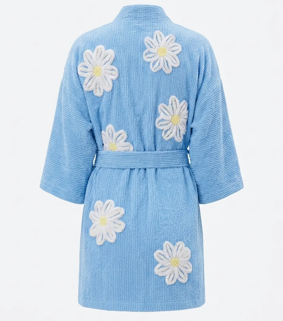 Blue Falling Daisies Floral Chenille Kimono Bathrobe back