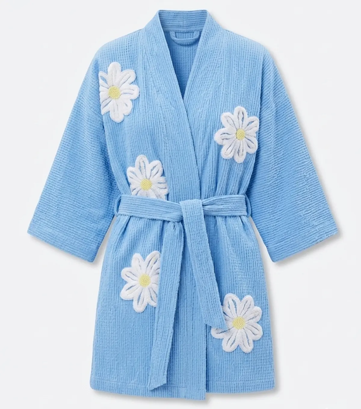 Blue Falling Daisies Floral Chenille Kimono Bathrobe