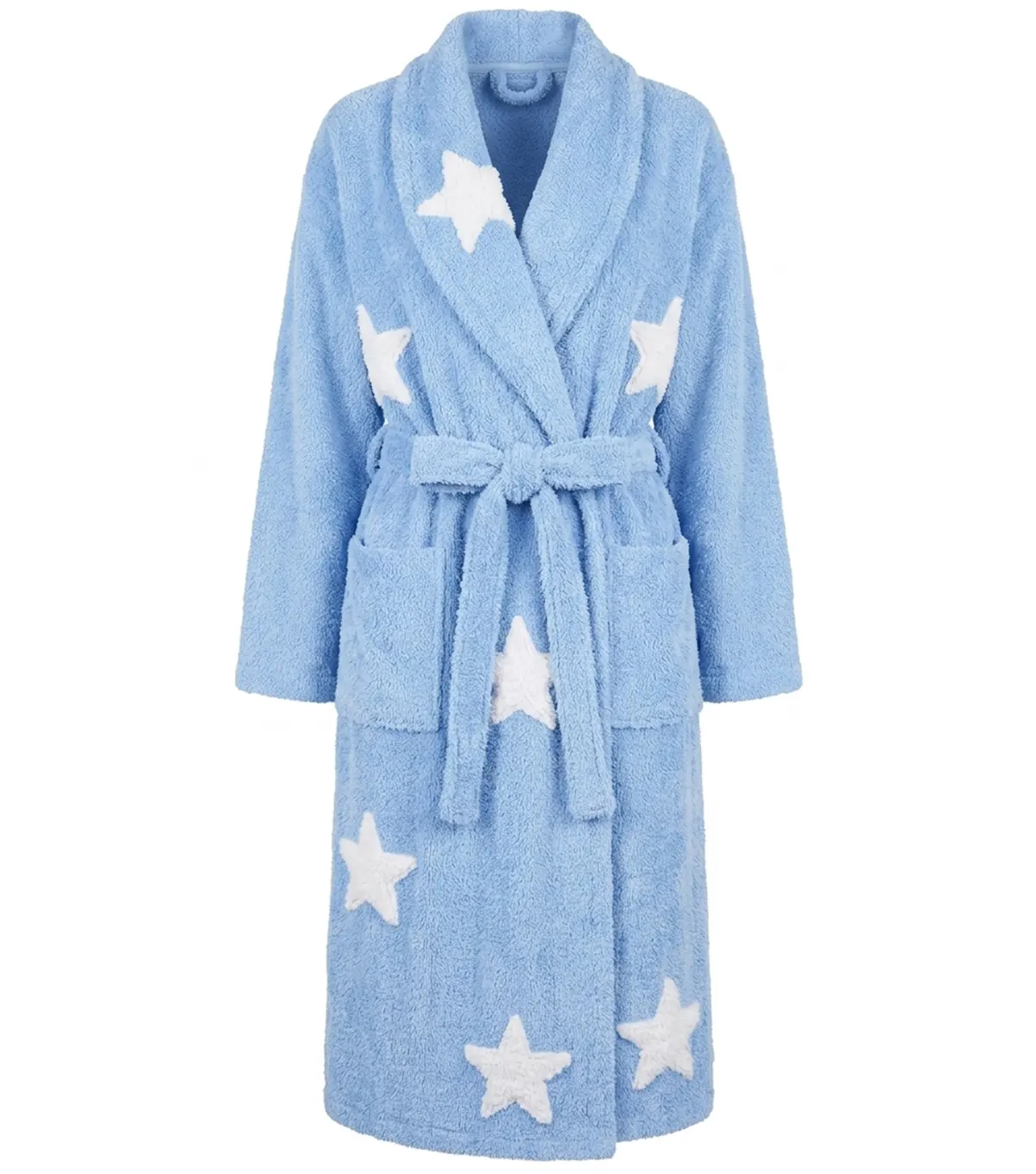 Blue Star Print Chenille Bathrobe with Shawl Collar
