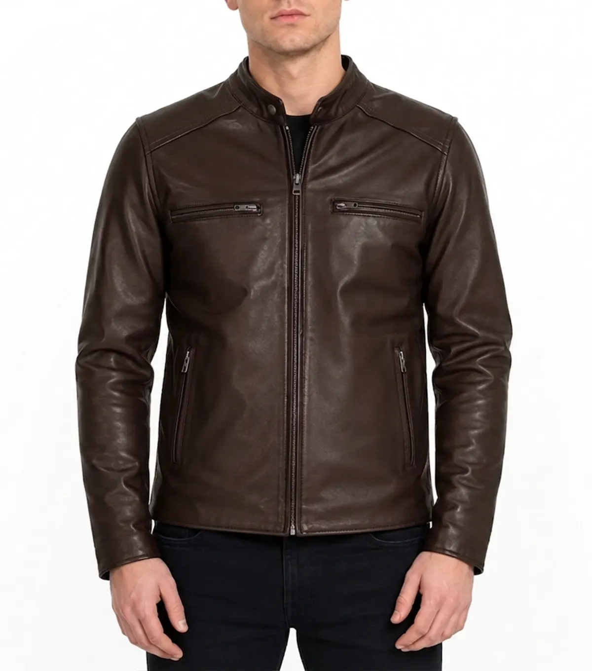 Brown Athletic Build Full Grain Leather Biker Jacket