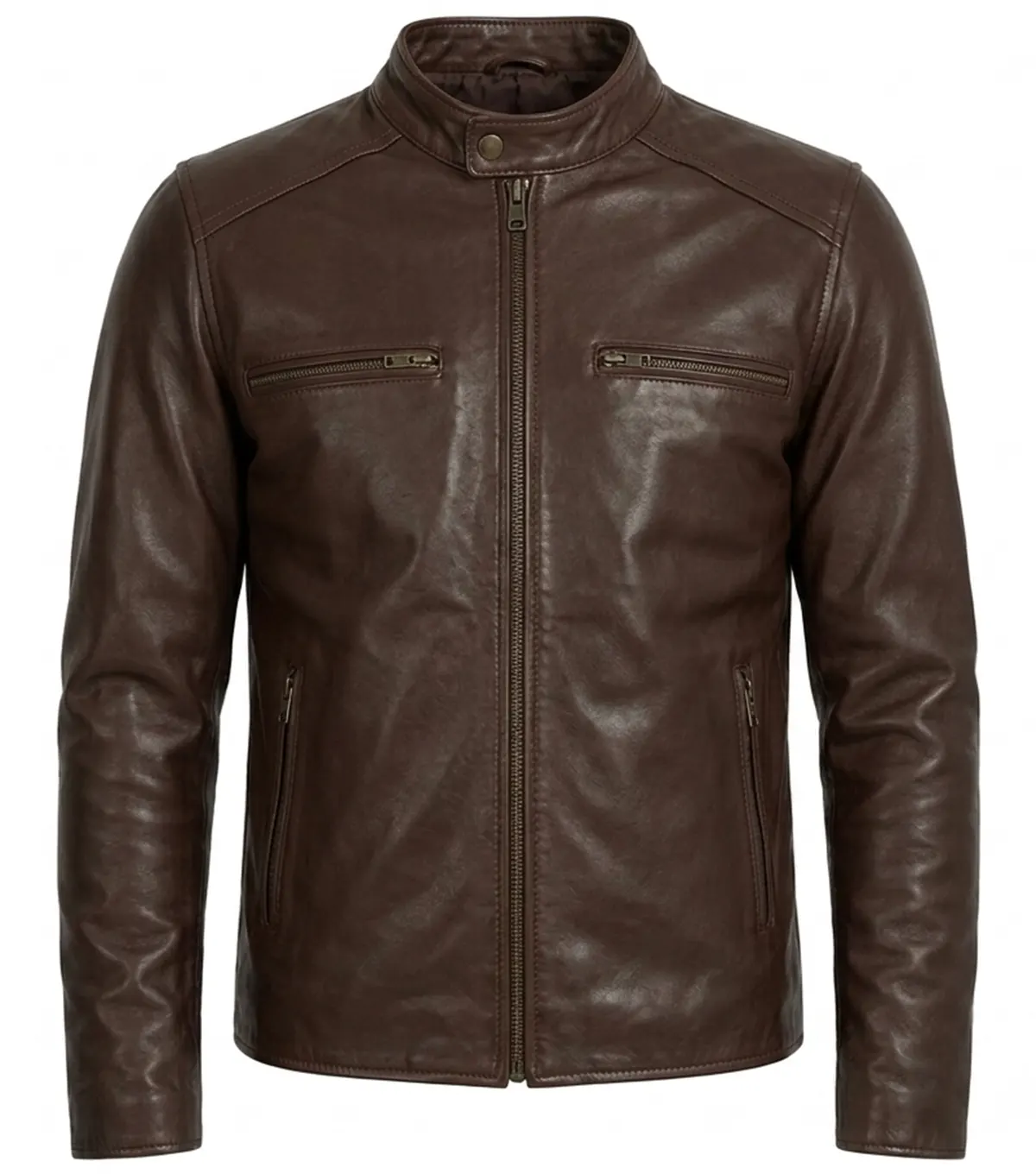 Brown Athletic Fit Full Grain Leather Biker Jacket