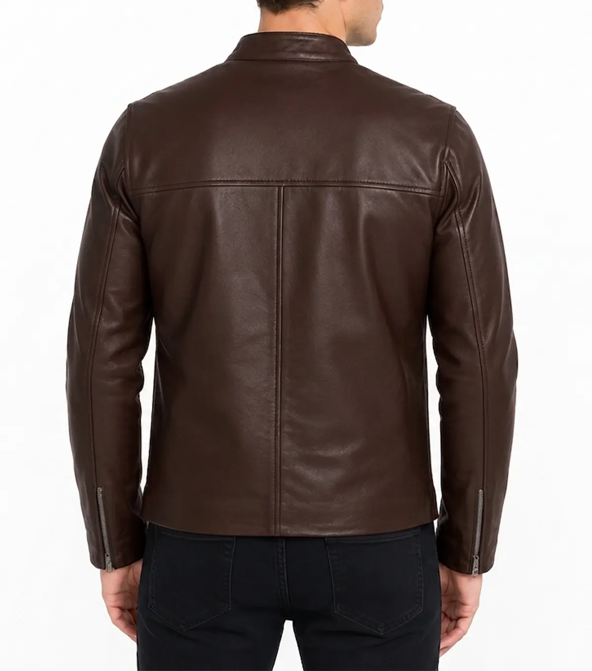Brown Full Grain Leather Biker Jacket for Athletic Build