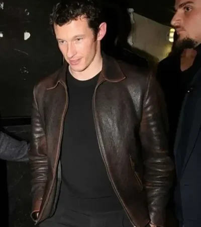 Buy Callum Turner Street Style 2024 Brown Real Leather Jacket For Sale