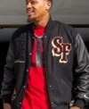 Buy San Francisco 49ers Kendrick Bourne Black Wool and Leather Sports Varsity Jacket For Sale