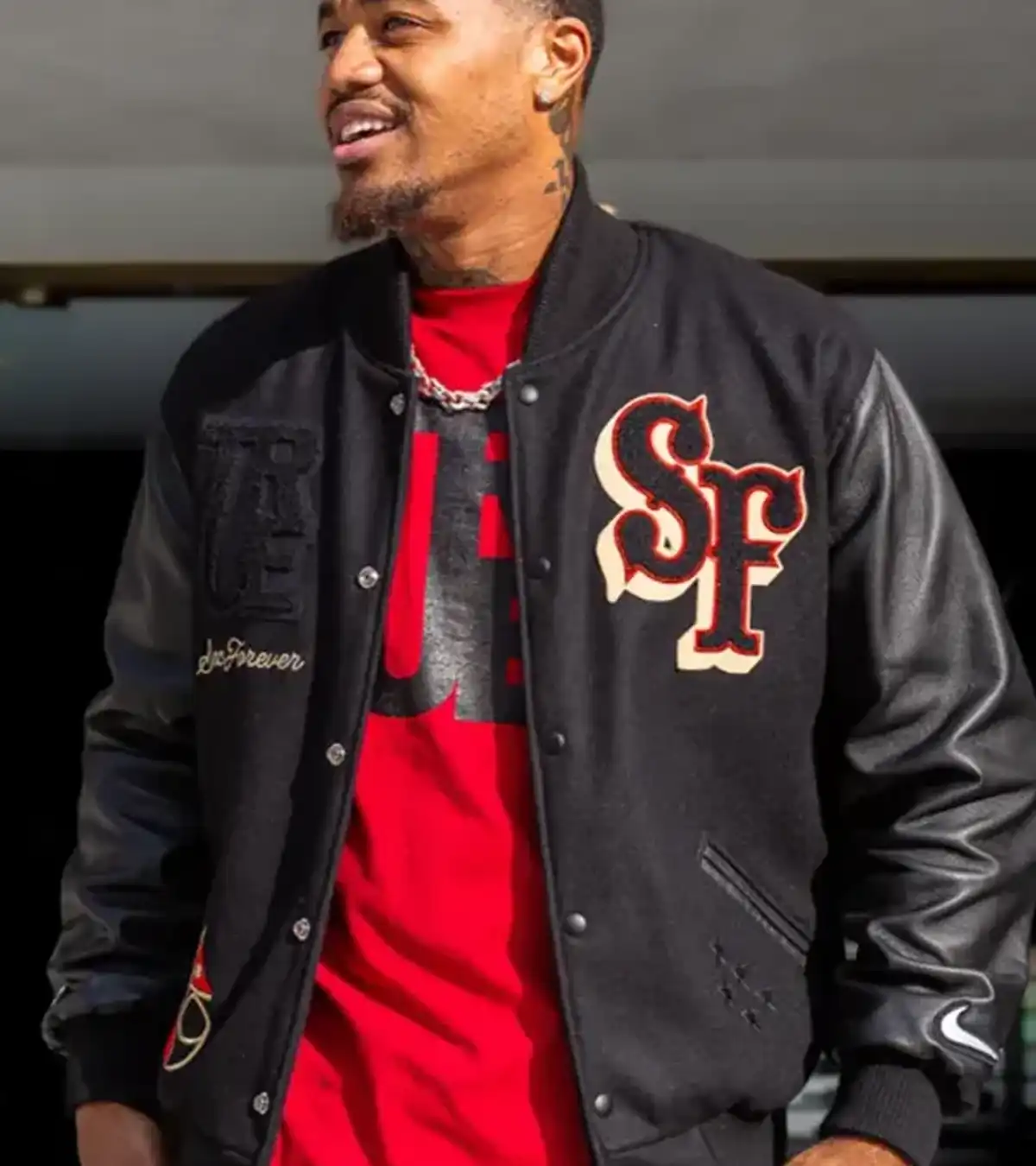 Buy San Francisco 49ers Kendrick Bourne Black Wool and Leather Sports Varsity Jacket For Sale