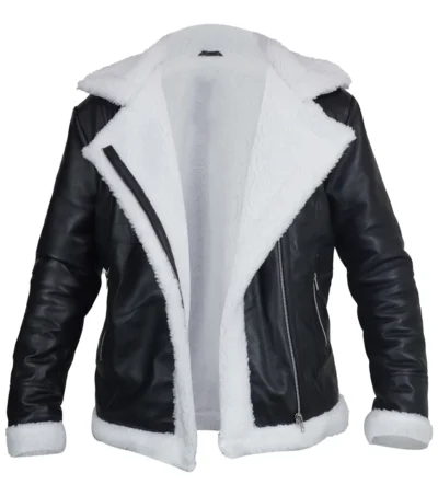 Buy Womens Black Aviator Leather Jacket with Cream Shearling Trim