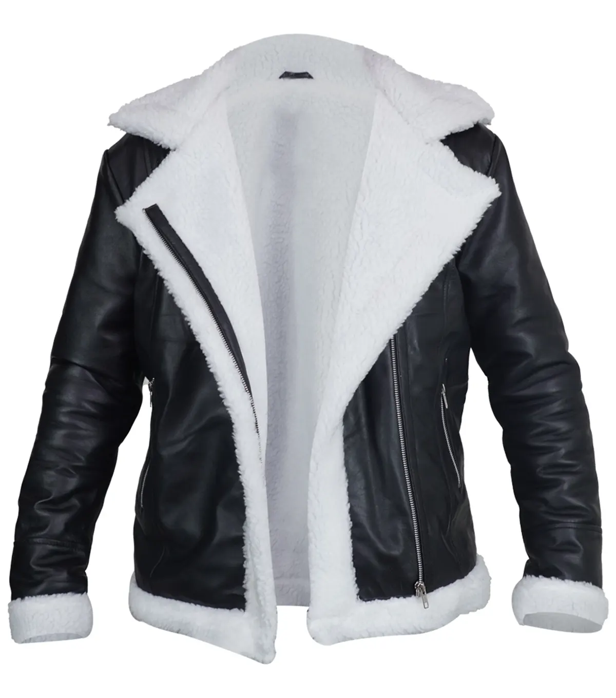 Buy Womens Black Aviator Leather Jacket with Cream Shearling Trim