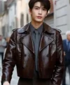 Buy Zhang Linghe Gucci Cruise 2026 Brown Leather Jacket For Sale