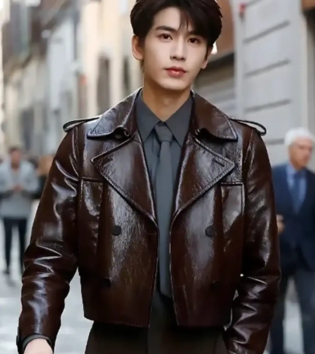 Buy Zhang Linghe Gucci Cruise 2026 Brown Leather Jacket For Sale