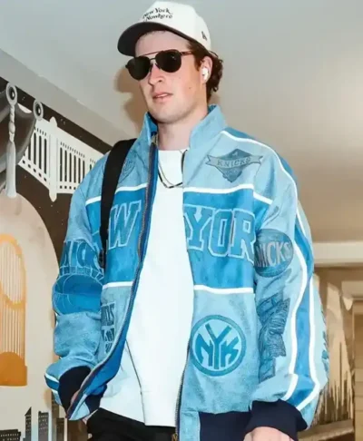 Cam Schlittler New York Knicks Blue Leather Jacket