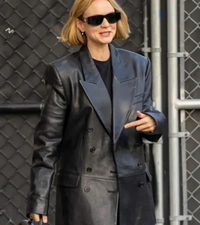 Carey Mulligan Black Leather Trench Coat For Sale