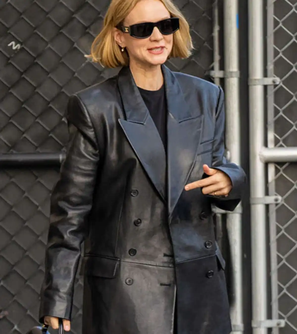 Carey Mulligan Black Leather Trench Coat For Sale