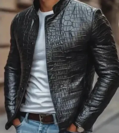 Crocodile Embossed Leather Jacket