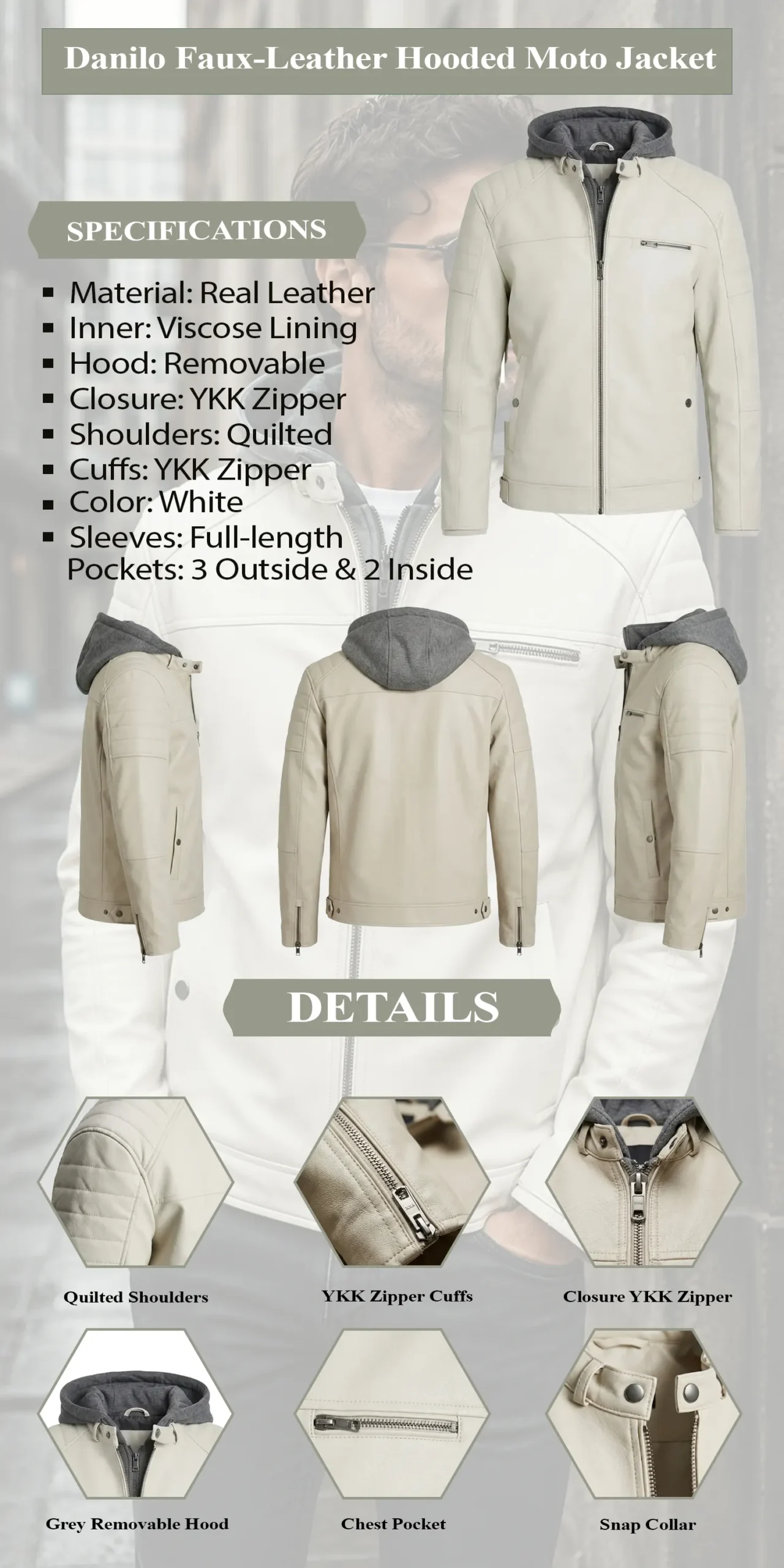 Danilo Faux-Leather Hooded Moto Jacket infographic