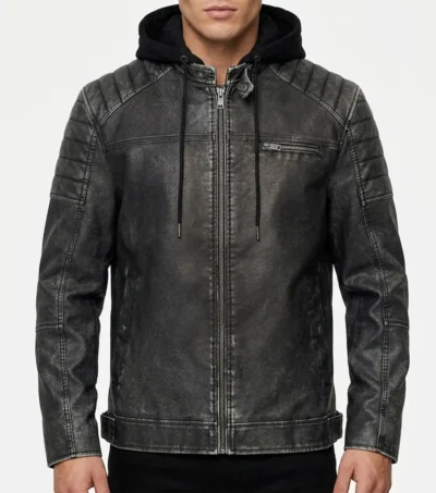 Danilo Mens Faux-Leather Hooded Jacket