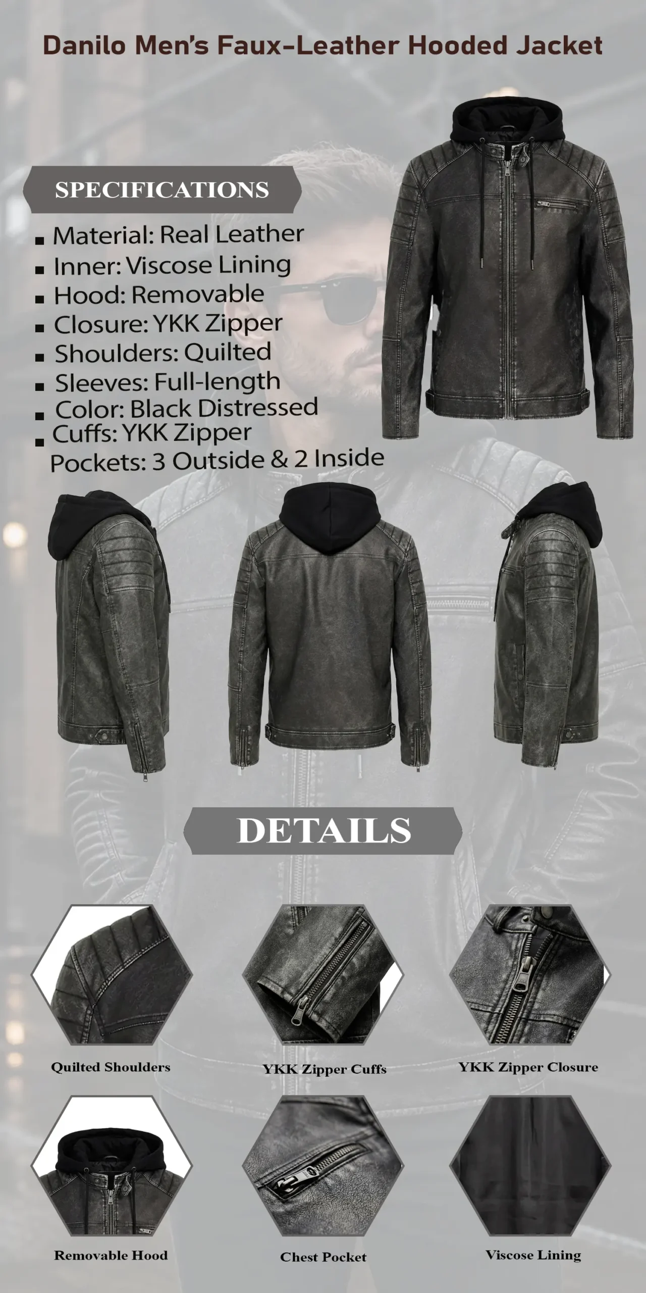 Danilo Men’s Faux-Leather Hooded Jacket infographic