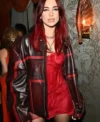 Dua Lipa Celebrity Brit Awards 2024 Maroon Leather Jacket For Sale