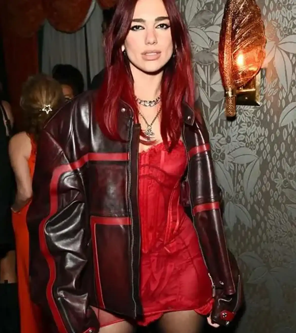 Dua Lipa Celebrity Brit Awards 2024 Maroon Leather Jacket For Sale