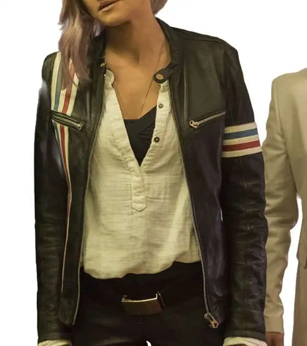 Eliza Coupe TV Series Future Man Tiger Black Motorcycle Leather Jacket For Sale