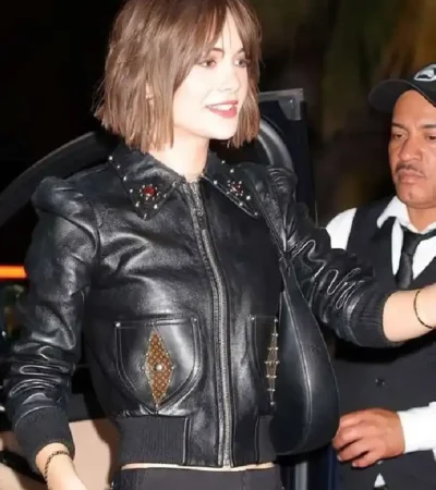 Emilia Jones Los Angeles Chateau Marmont Event 2026 Studded Black Bomber Leather Jacket