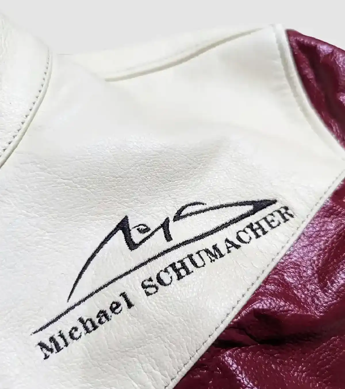F1 Ferrari Vintage Streetwear White and Red with Black Biker Leather Jacket For Sale