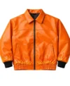 Flame Style Skull Embroidered Orange Bomber Leather Jacket For Men and Women