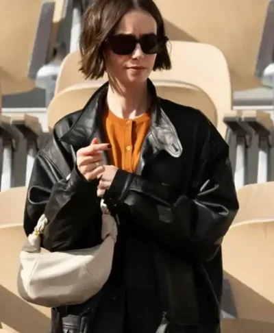 French Open 2026 Lily Collins Leather Jacket