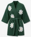 Green Falling Daisies Floral Chenille Kimono Bathrobe