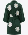 Green Falling Daisies Floral Chenille Kimono Bathrobe back