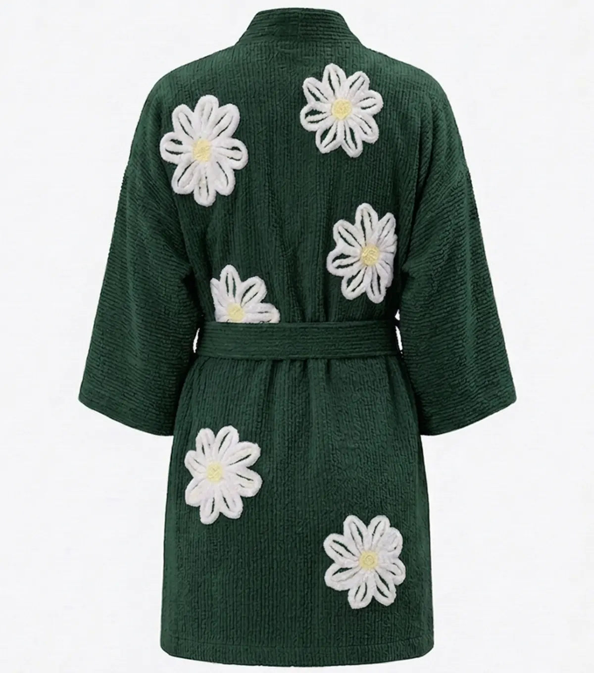 Green Falling Daisies Floral Chenille Kimono Bathrobe back