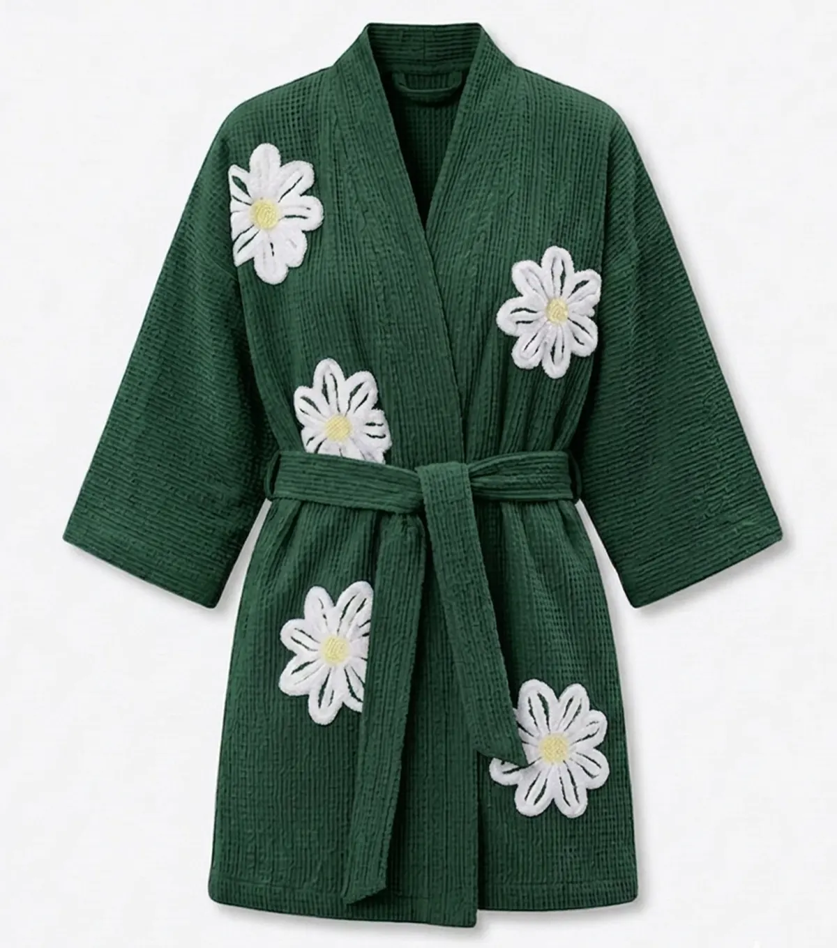 Green Falling Daisies Floral Chenille Kimono Bathrobe