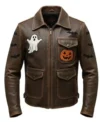Halloween Distressed Graphic Brown Leather Jacket