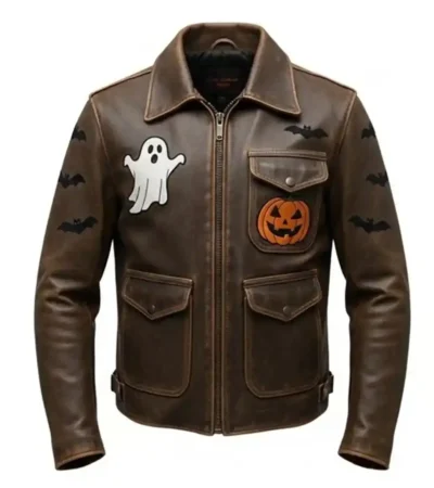 Halloween Distressed Graphic Brown Leather Jacket